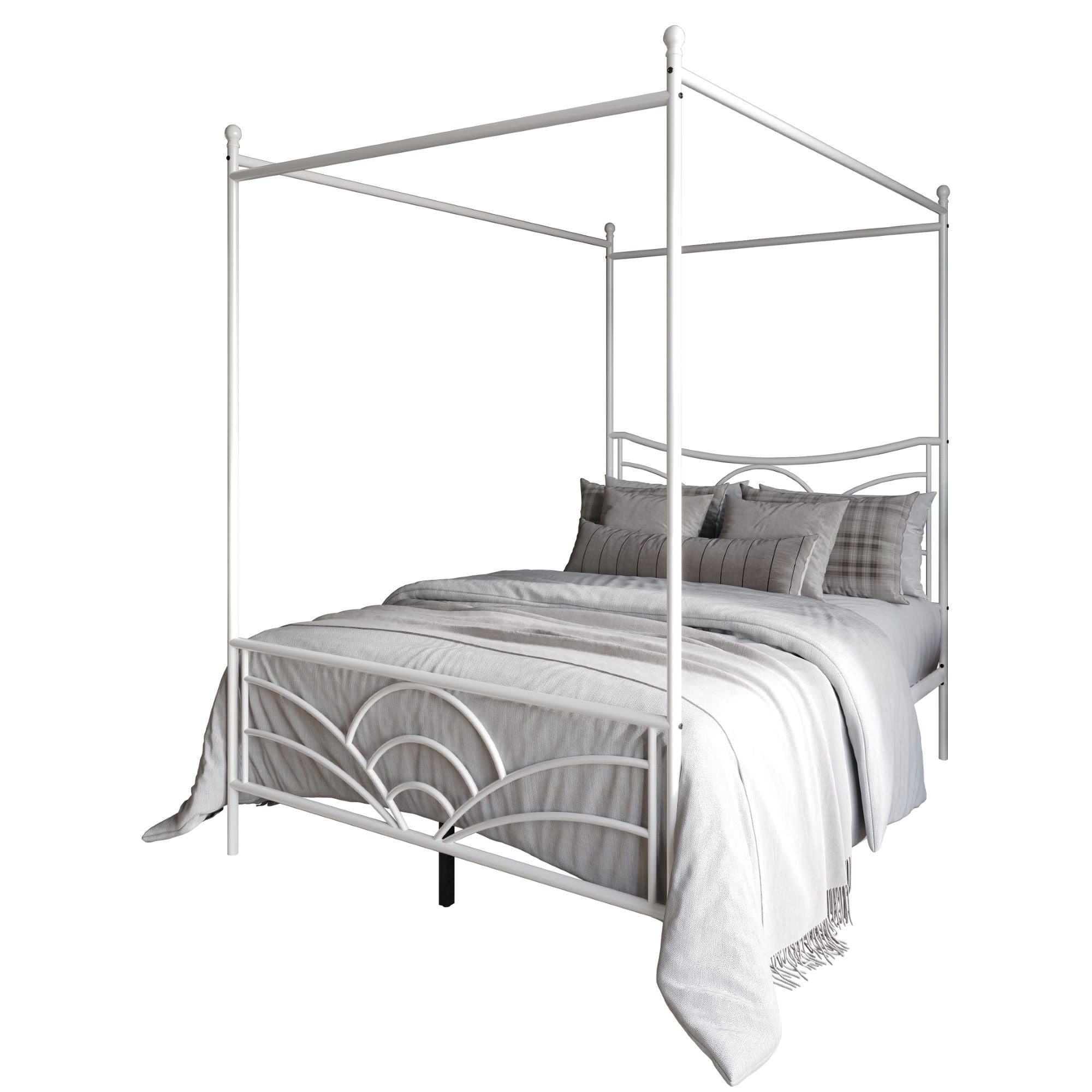 Home Design Denver Full Metal Canopy Bed Frame with Arched Headboard and Central Support Leg, White, Easy Assembly