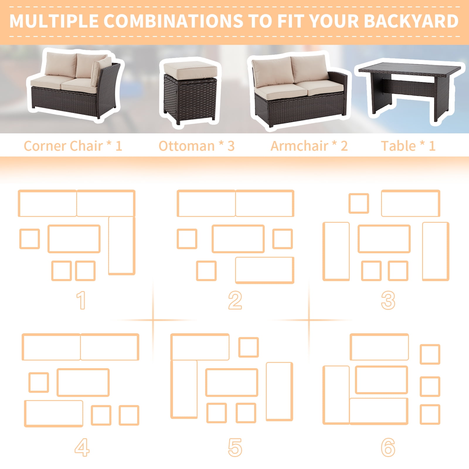AECOJOY 7 Piece Patio Conversation Set, Outdoor Sectional Sofa Rattan Wicker Dining Furniture in Beige