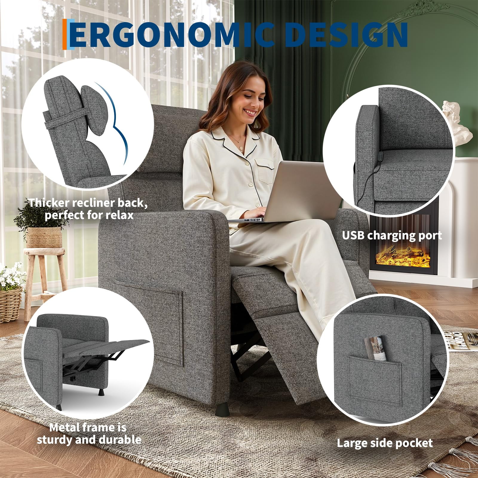 Power Recliner Chair with Adjustable Electric Recliner, Ergonomic Overstuffed Rocking Sofa with 2 Side Pockets & USB Port for Living Room, Bedroom,Gray