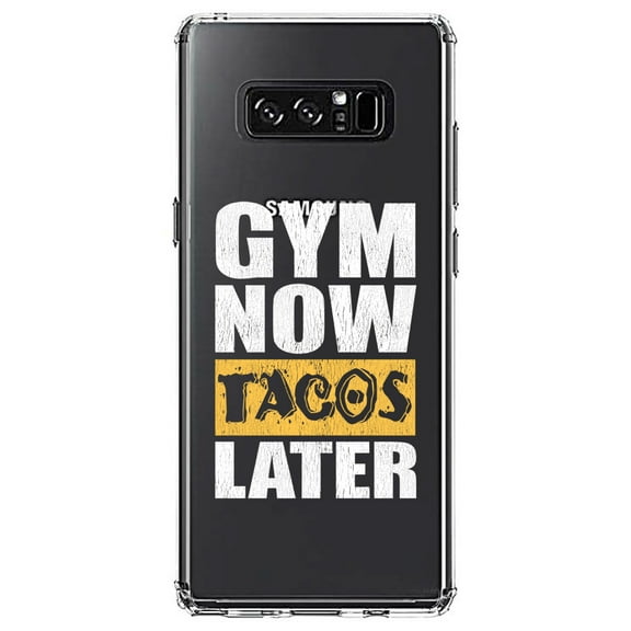 DistinctInk Clear Shockproof Hybrid Case for Samsung Galaxy Note 8 - TPU Bumper Acrylic Back Tempered Glass Screen Protector - Gym Now Tacos Later