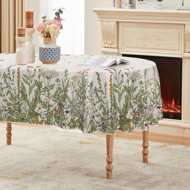 Spring Summer Tablecloth 60x84 Inch Oval, Wild Flowers Floral Table Cover for Party Picnic Dinner Decor