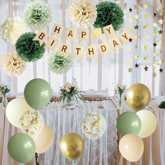 52pcs Sage Green Birthday Party Decorations, Including 12-Inch Balloons 22, 20 Tassels, 8 Paper Flower Balls, 1 Five-Pointed Star Pull Flag, 1 Happy Birthday Pull Flag, Party Supplies Set, Suitable f