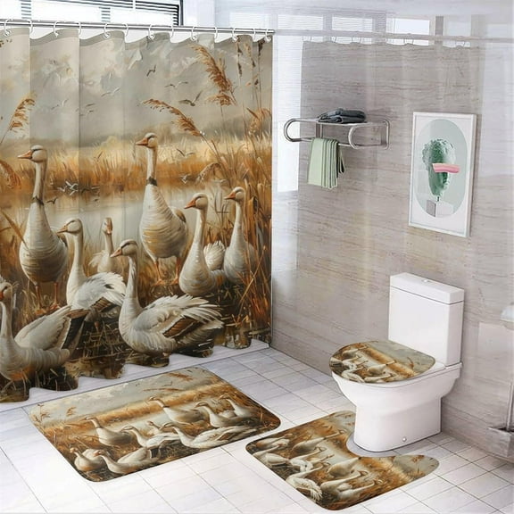 4Pcs Wild Lake Duck Shower Curtain Set with Toilet Lid Cover U-Shaped Mat and Non-Slip Rugs, Rustic Animal Plant Scenery Shower Curtain Bathroom Decor Set, 72" x 72"