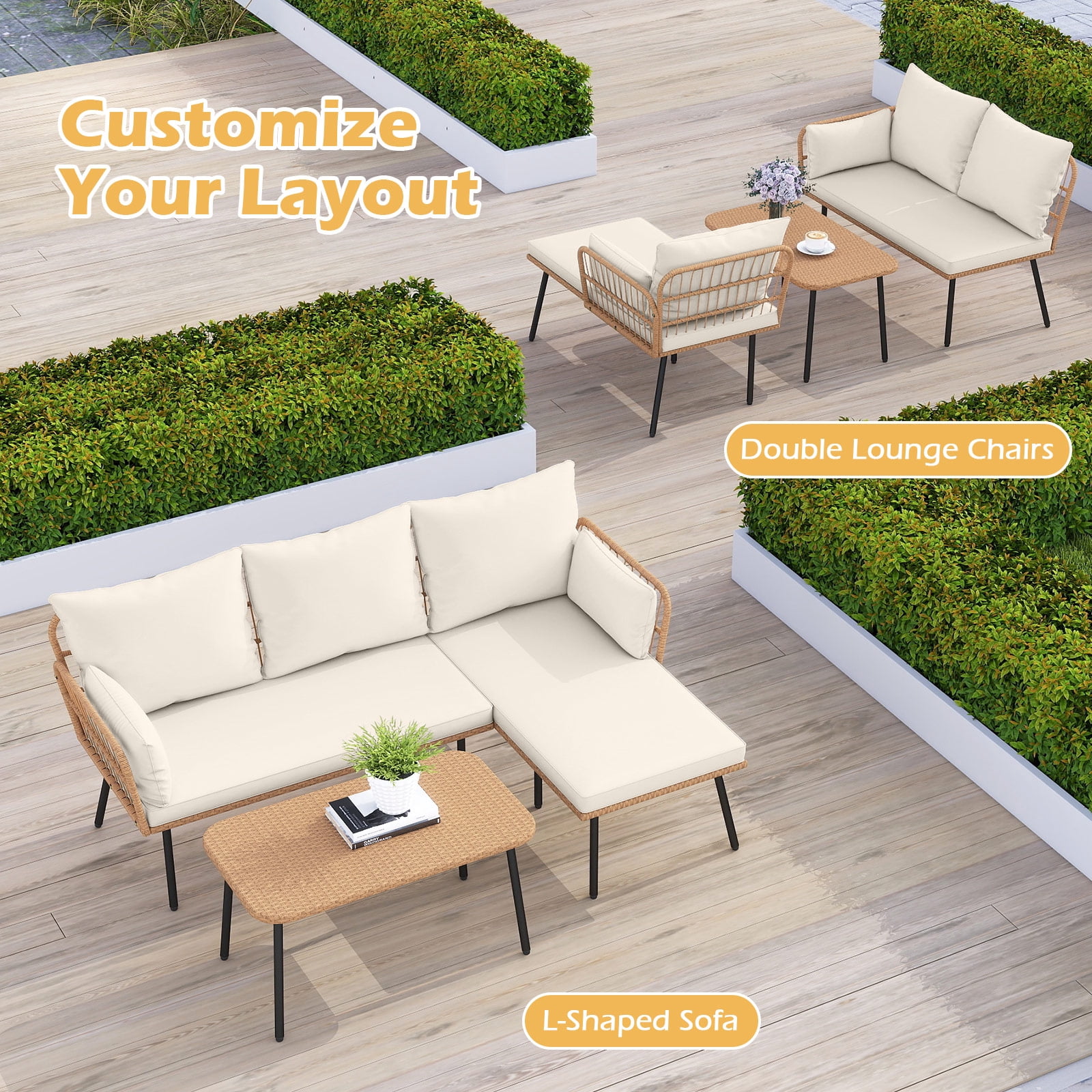 Costway 3 Pieces L-Shaped Patio Furniture Set with Coffee Table, Removable Cushions Mix Yellow + Off White/ Light Brown + Beige