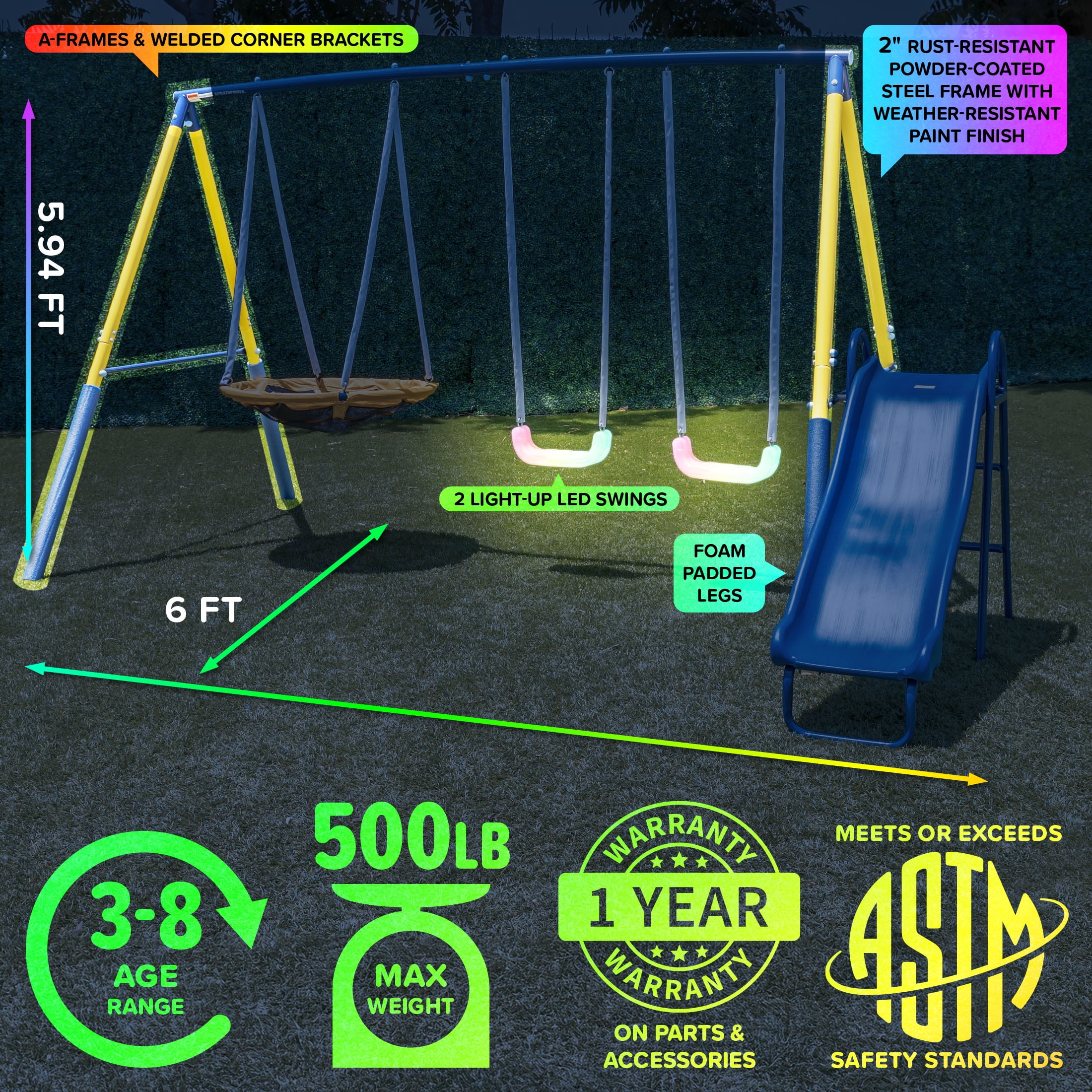 starlight✳︎ Sportspower Starlight Swing Set: LED Swings, Saucer, Blow