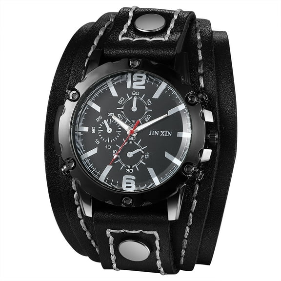 Avaner Mens Watches Vintage Punk Hiphop Gothic Wide Genuine Leather Fashion Cuff Round Quartz Wristwatch Big Dial Black Brown