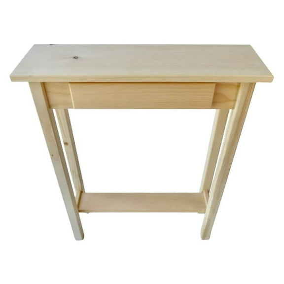 Unfinished Pine Narrow Shaker Console Sofa Wall Table With Bottom Shelf and False Drawer- 24" long x 7.5" deep x 30" tall