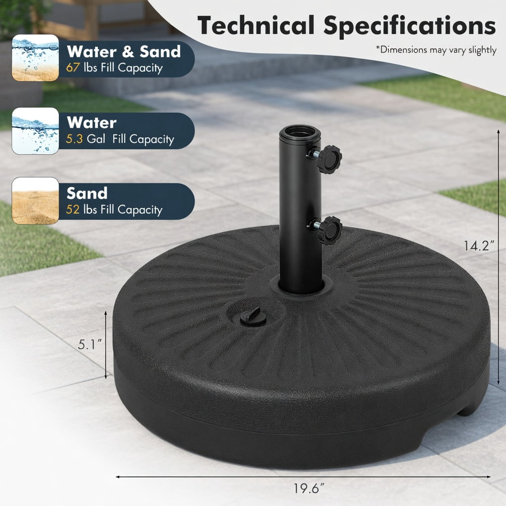 Resenkos Outdoor Umbrella Base, 19.5 Inch Fillable Round Umbrella Base Stand for Yard Garden Poolside-Black, Black