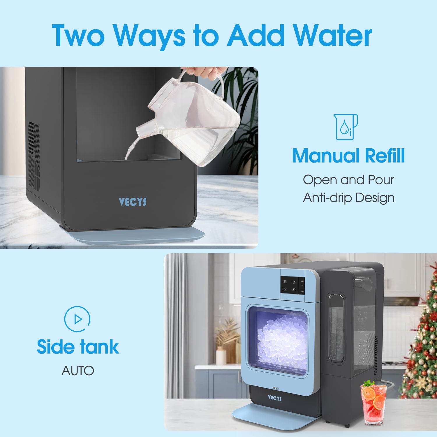 VECYS Nugget Ice Maker W/ Side Water Tank, 44LBS/Day Self-Cleaning, Blue