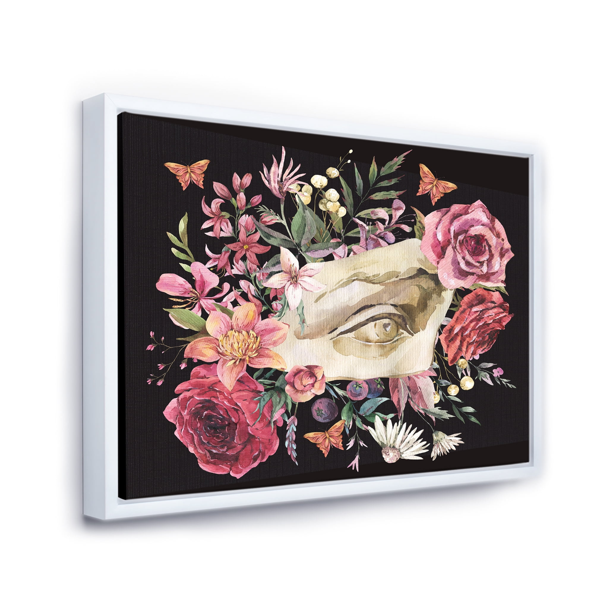 Designart 'Dried Wildflowers With Greek Sculpture David Eye' Farmhouse Framed Canvas Wall Art Print