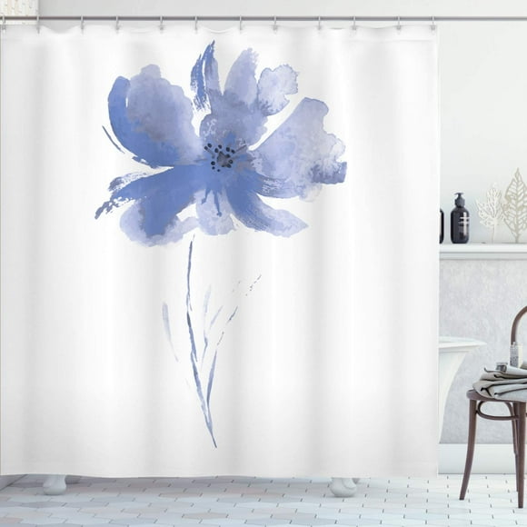 HTOOQ Watercolor Flower Shower Curtain, Single Poppy Flower on Plain Clear Background Nature Inspired Romantic, Cloth Fabric HTOOQ Decor Set with Hooks, 70" Long, Dark Ceil