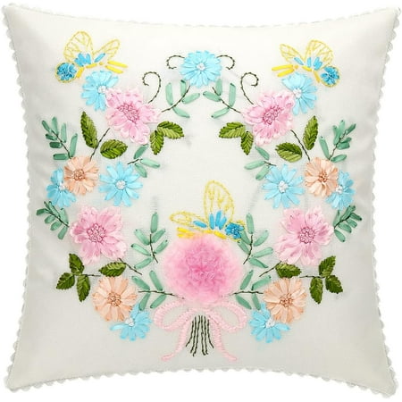 Maydear Throw Pillow Cover Embroidery Kit, for Sofa, Bedroom & Car Decor -Love of Butterfly-White