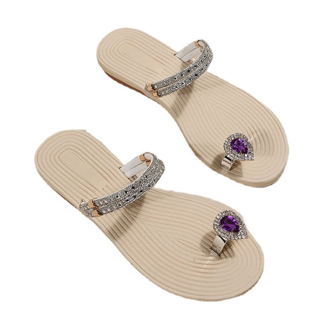 Flat Sandals for Women Toe Ring Clip Toe Rhinestone Decor Sparkly Slide Slip on Dressy Wedding Non Slip Summer Sandals Purple