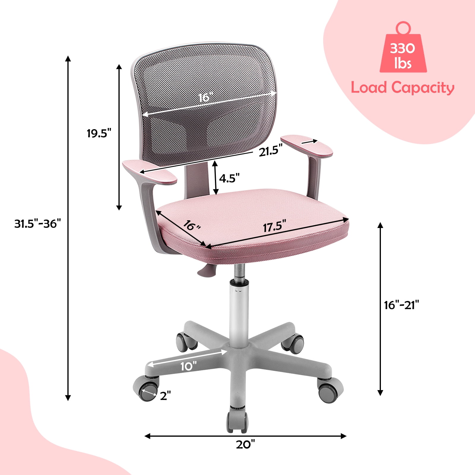 Gymax Kids Desk Chair Adjustable Height Children Study Chair w/ Auto Universal Casters Pink