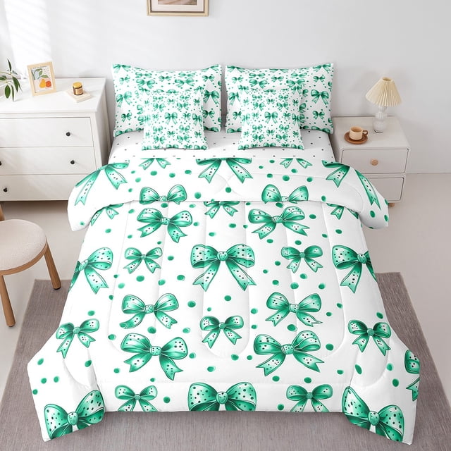 Erosebridal Ensemble de Literie Nœud Papillon Vert Taille Simple pour Filles, Ensemble de Lit Kawaii à Pois, Réversible 7 Pcs