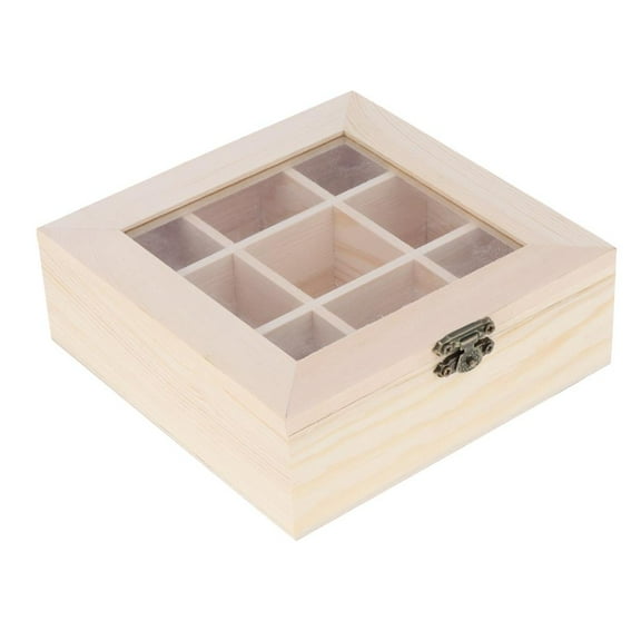 9 Grids Unfinished Wood , Square Unpainted Wooden Jewelry Box Storage Chest Treasure Case for DIY Crafting, Women Girls Gifts
