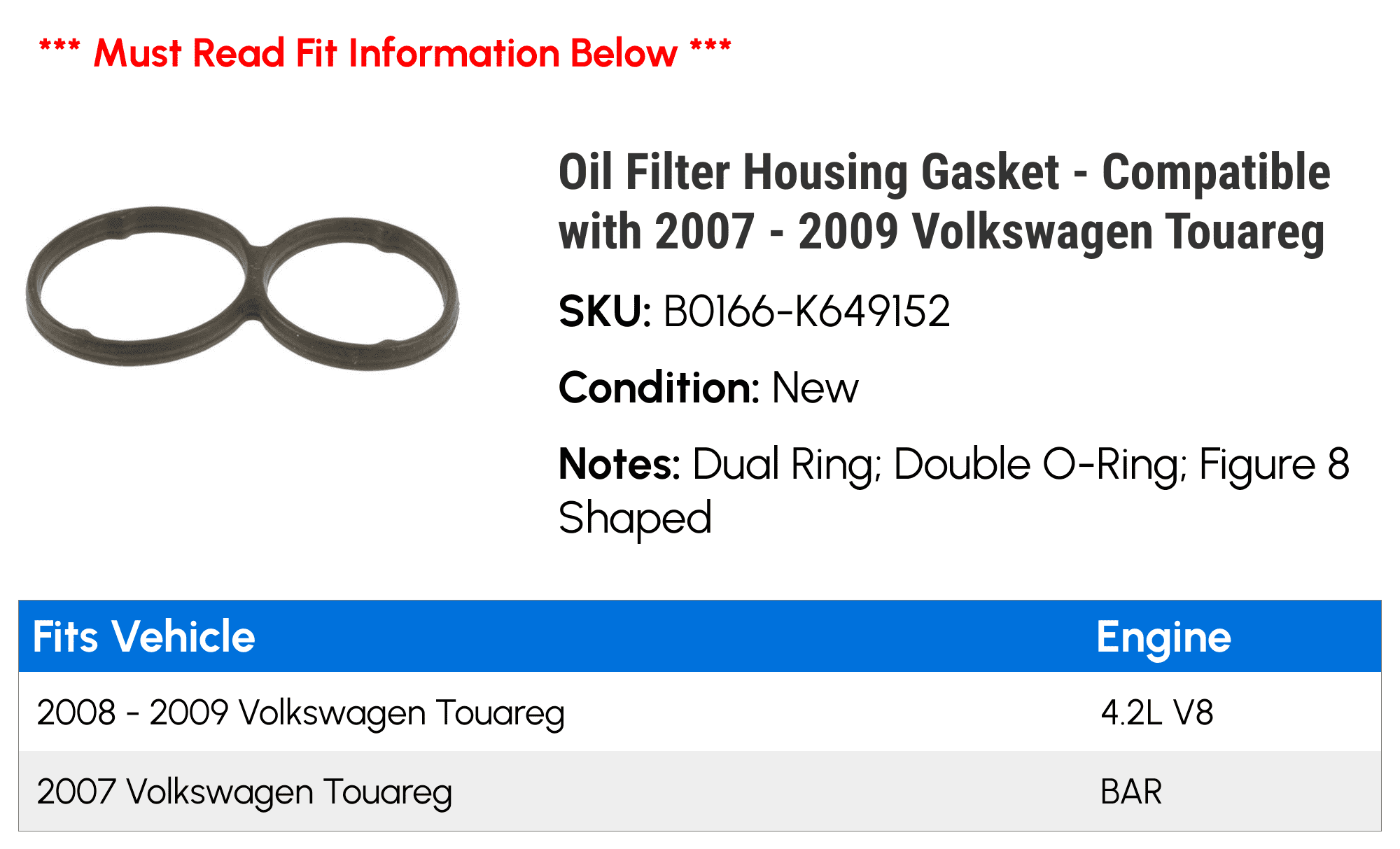 Oil Filter Housing Gasket - Compatible with 2007 - 2009 Volkswagen Touareg 2008