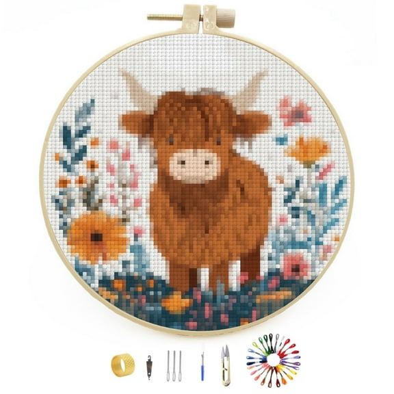 Cute Highland Cow in Flowers Stamped Cross Stitch Kits for Beginners with Hoop Simple Patterns 11CT Counted Embroidery Needlepoint Crafts Arts for DIY Enthusiasts and Home Decor 26x26cm(2)