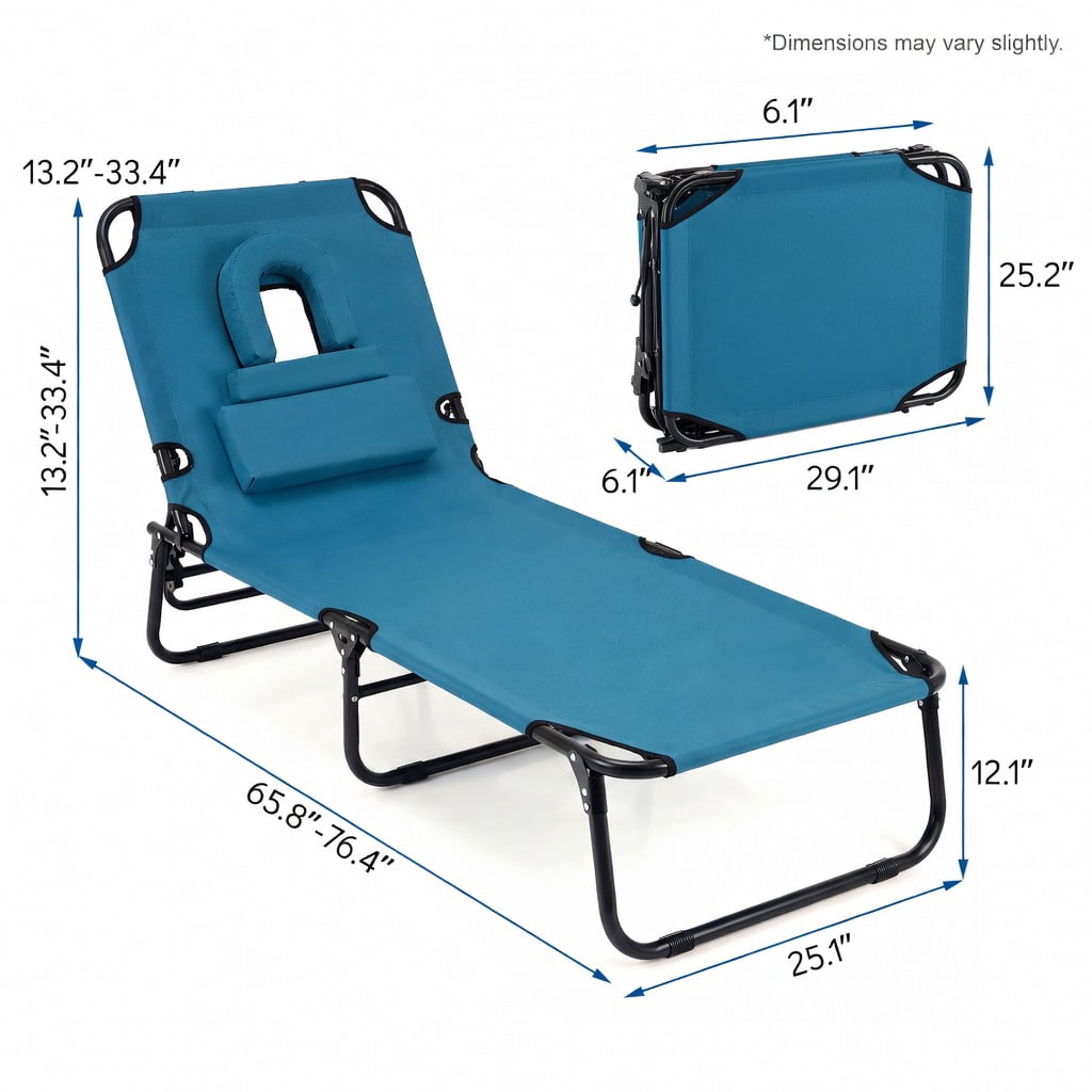 Hommoo Adjustable Beach Chaise Lounge Chair with Face Hole, Removable Pillows & Foldable Design, Blue