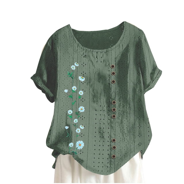 Birdeem Blouses pour Femmes Mode Imprimée Confortable Ample Manches Courtes Blouse Boutonnée Col Rond Décontracté