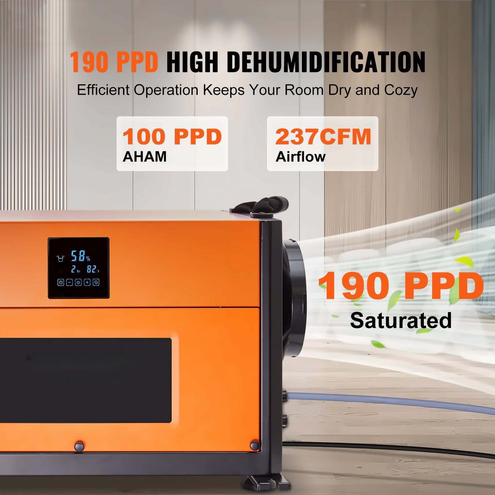 190 Pints Commercial Dehumidifier - Crawl Space, Basement & Warehouse - Auto Defrost, Drain Hose Included - Water Damage Restoration - CSA Certified