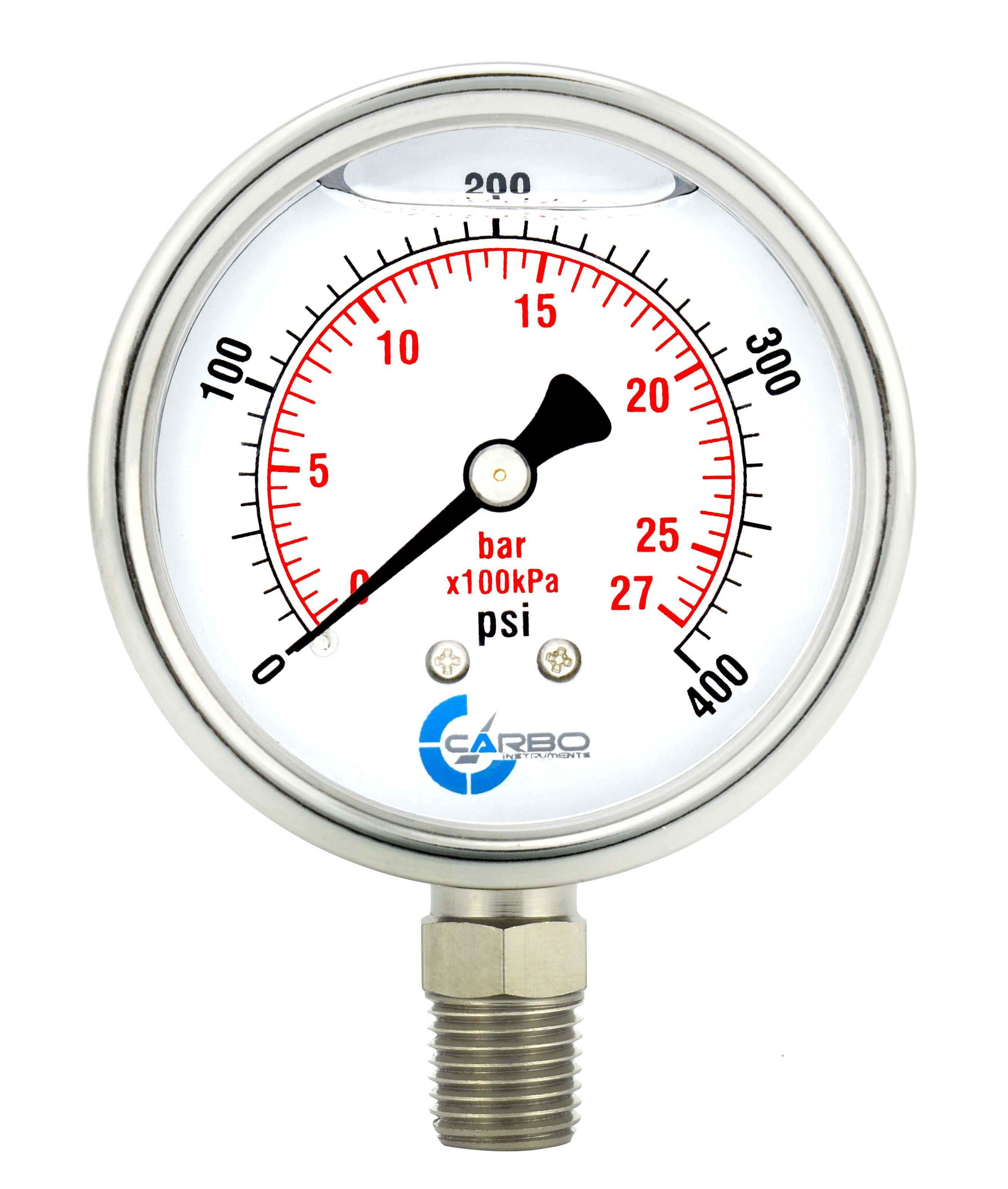 Stainless Steel Case 304 Glycerin Filled CARBO Instruments 1-1//2 Fuel Pressure Gauge Back Mount 1//8 NPT Accuracy 3-2-3/% 0-100 Psi Chrome Plated Brass Connection