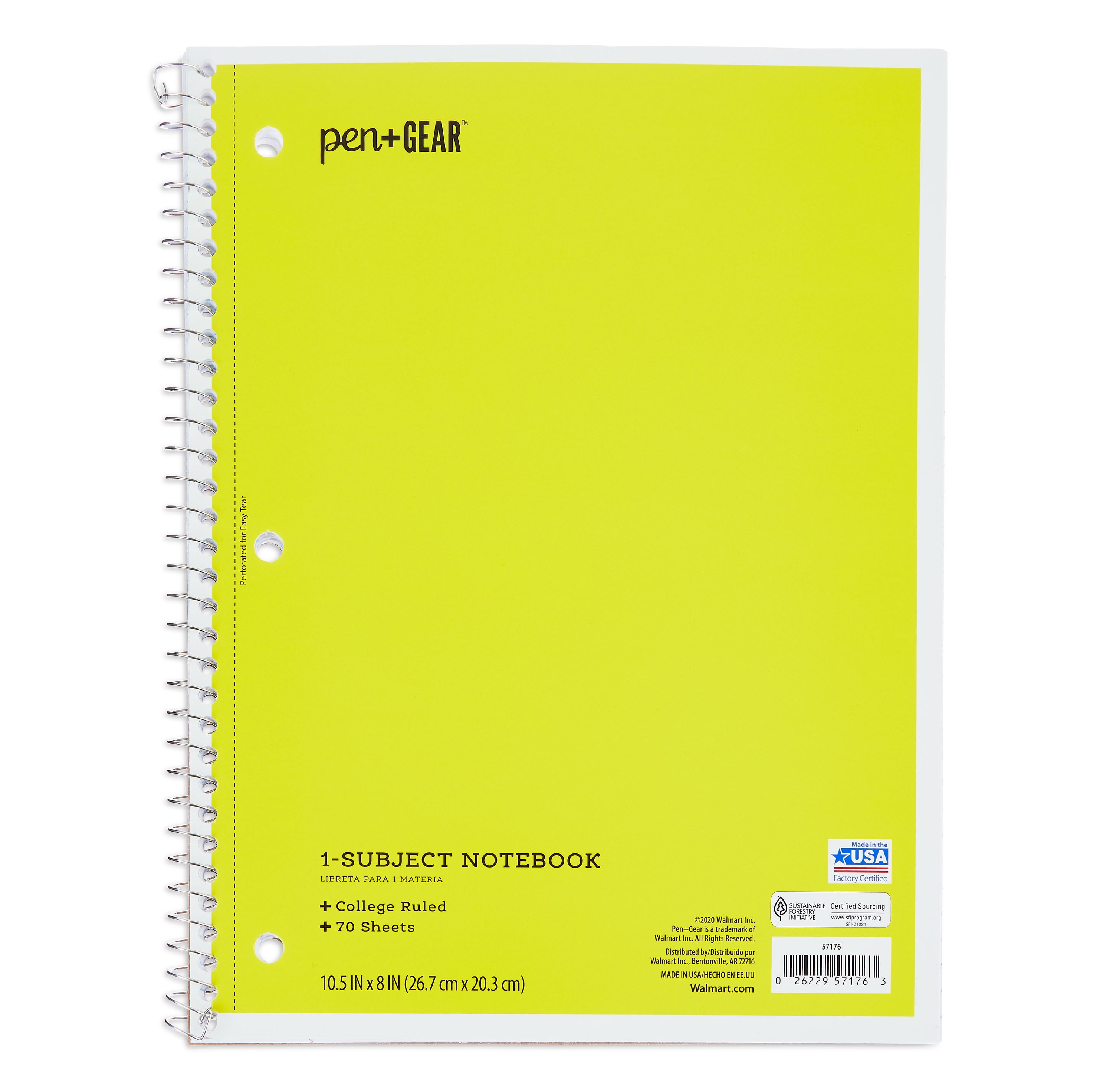 Pen+Gear College Rule 1Subject Notebook, 10.5" x 8", Yellow, 70 Sheets