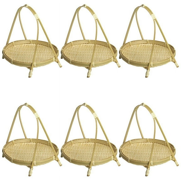 6X Bamboo Weaving Straw Baskets Tier Rack Wicker Fruit Bread Food Storage Round Plate Stand Single Layer,6 x bracket 6 x tray,Wood color