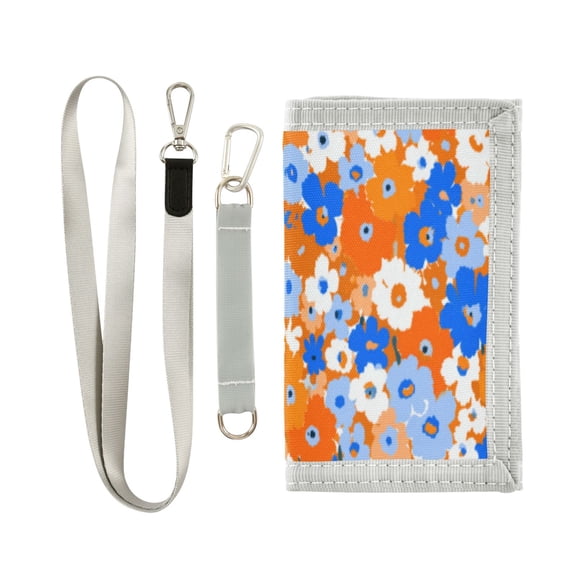 Cloth Wallet with Lanyard & Multiple Compartments Fashion Purse Zipper Clutch Bag for Cash Cards Coins Orange and Blue Small Flowers