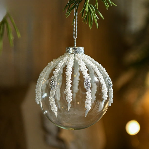 Bolas de Navidad de vidrio, adornos navideños, adornos navideños de vidrio transparente, adornos de diamantes con lentejuelas blancas, bolas colgantes, adornos para árboles de Navidad, decoración colg