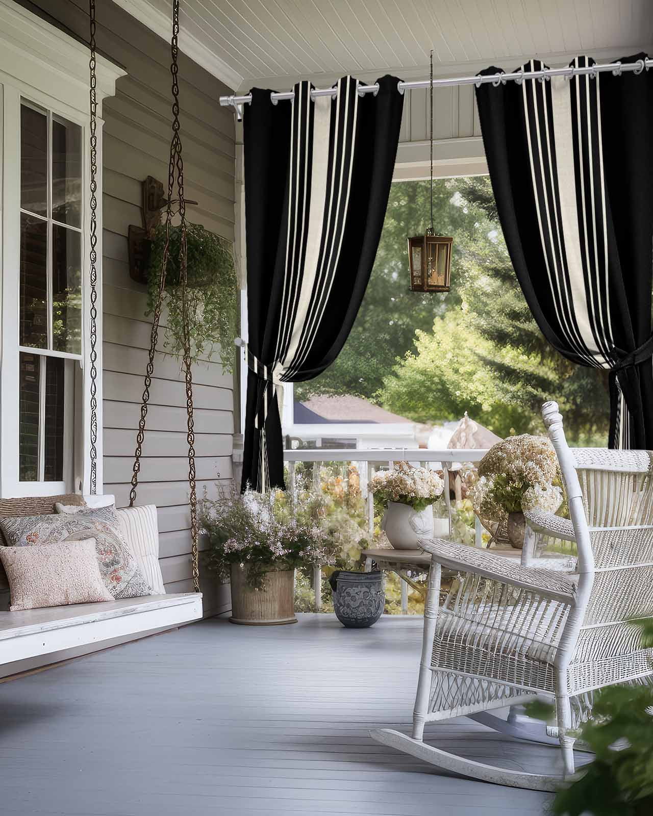 Black Beige Striped Outdoor Curtains for Patio, Modern Farmhouse Retro Lines Privacy Drapes Grommet Waterproof Outside Curtains for Porch/Cabana/Balcony 54"x 108", 1 Panel