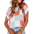 thumbnail image 2 of Tank Tops for Women Color Block Plaid Knitted Round Neck Short Sleeve Tops, 2 of 5