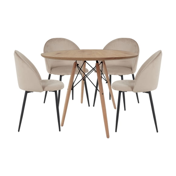 Ilios Innova | Comedor Roslo 4s Set de Mesa Redonda Café y 4 Sillas de Terciopelo Beige, Estilo Nórdico Moderno Minimalista para Espacios Pequeños