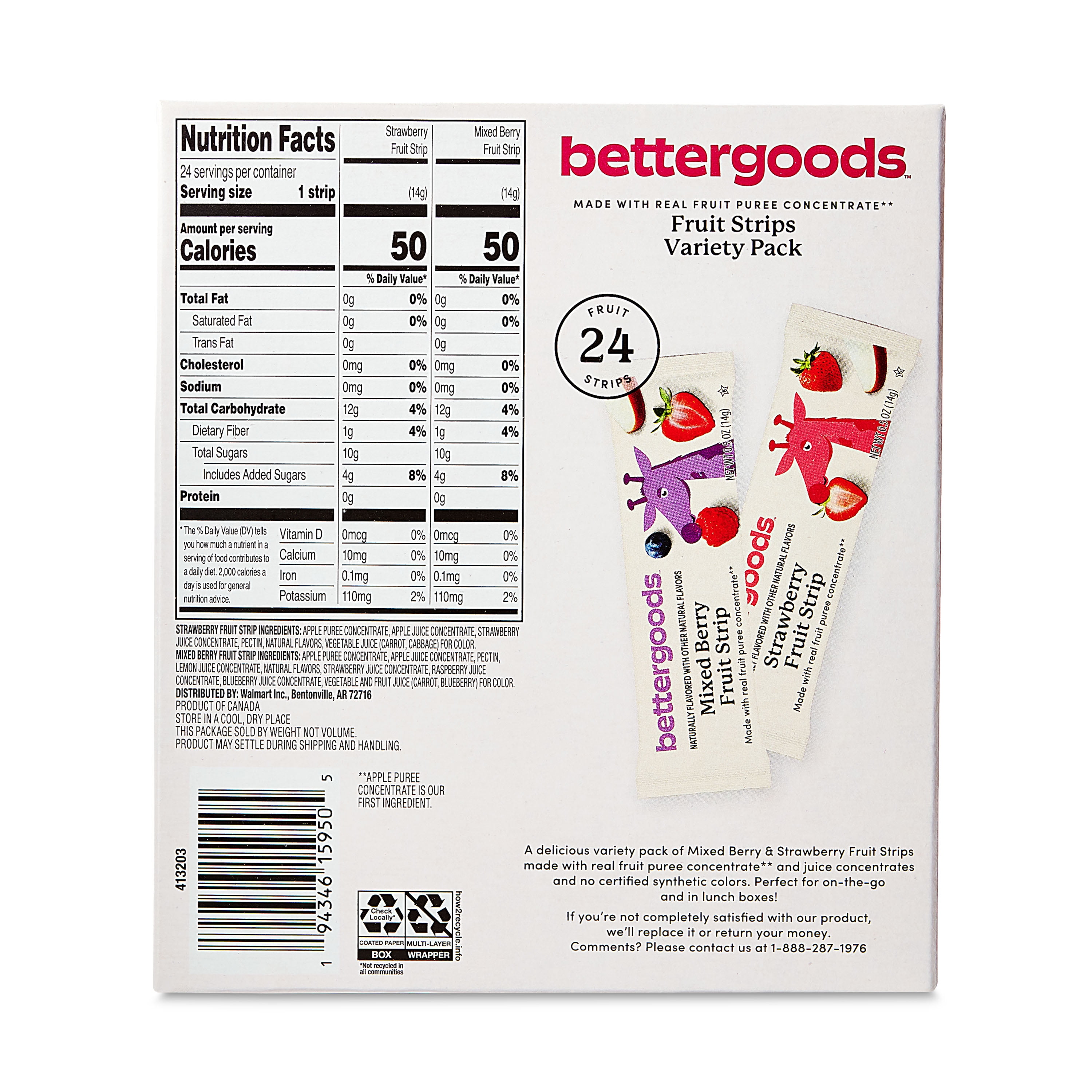 (2 pack) bettergoods Mixed Berry and Strawberry Fruit Strips Variety Pack, 0.5 oz, 24 Count