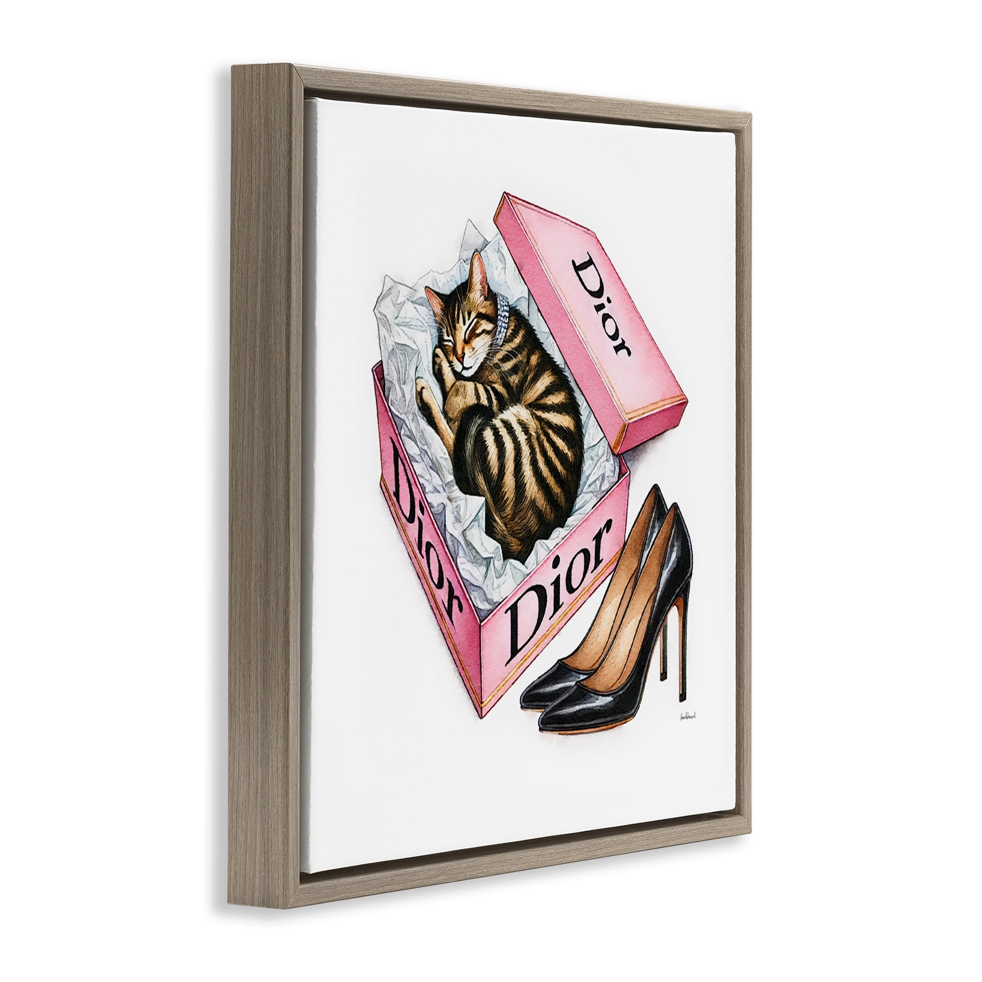 Stupell Industries Pink Shoebox with Kitten Animals Painting Brown Floater Framed Canvas Art Print Wall Art, 25 x 25