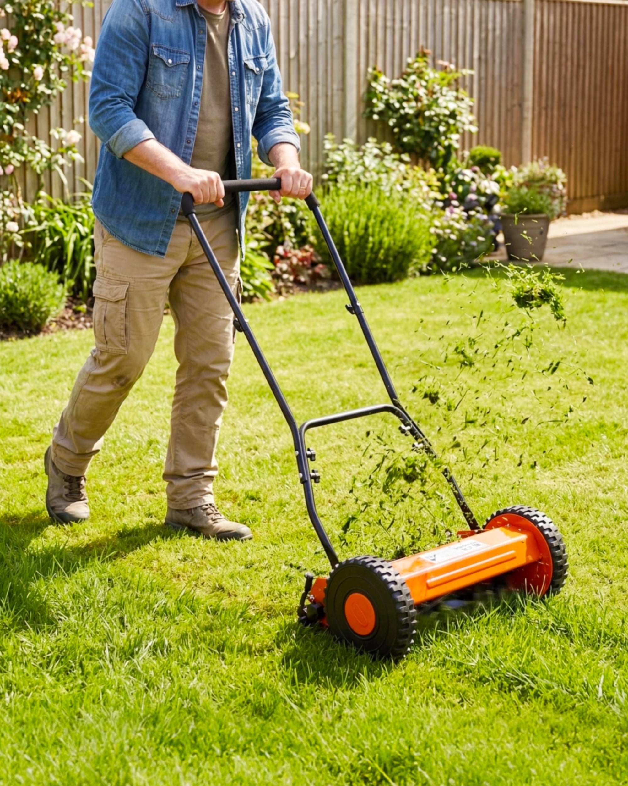 14" Push Reel Lawn Mower, 5-Blade Manual Walk-Behind Lawn Mower with Adjustable Cutting Height, Compact Push Mower for Small Yards, Orange