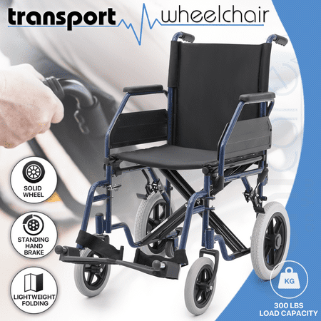 monicare *FDA APPROVED* Transport Wheelchair 300lbs Weight Capacity, Folding Transport Wheelchair with Removable Flip Back Armrests & Swing-Away Footrests, Blue