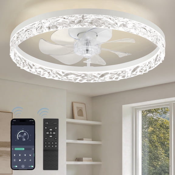 Lokivas 20" White Modern Flush Mount Ceiling Fan with Light, 6 Speeds Dimmable LED, App and Remote for Indoor Bedroom