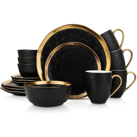 

Porcelain 16 Piece Dinnerware Set Service for 4 Black and Golden Rim