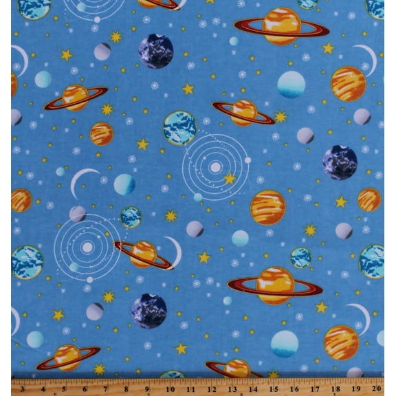 Flannel Planets Outer Space Solar System Stars Moons Kids Blue Cotton Flannel Fabric Print by the Yard (0883-11)