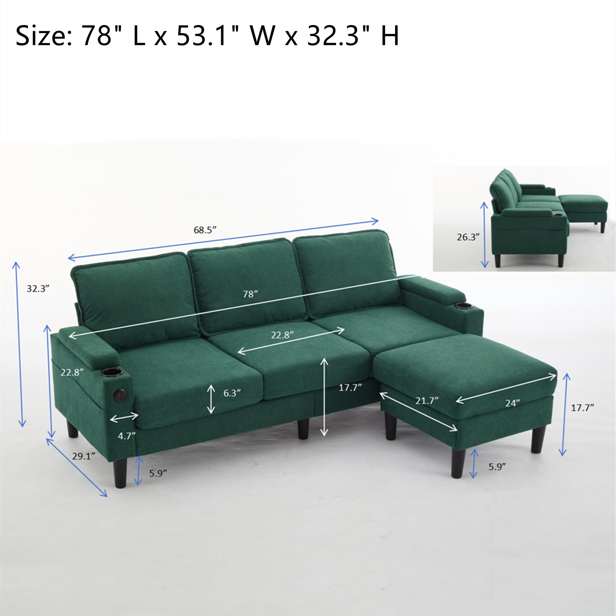 Aukfa 78" Sectional Sofa with USB Port, Storage Ottoman, Armrest with Hidden Storage, Linen, Blue