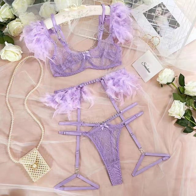 Traje de lencería sexy fina de encaje transpirable con plumas de malla push up de artesanía compleja popular europea y americana