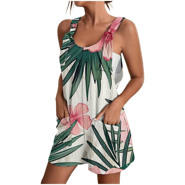 IROINID Femmes Léger Court Rompers, Femmes Été Confortable Bretelles Décontractée Impression Shorts Poche Combinaison Shorts Multicolores XXXL
