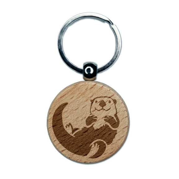 Floating Sea Otter Round Keychain Charm Tag - Engraved Wood