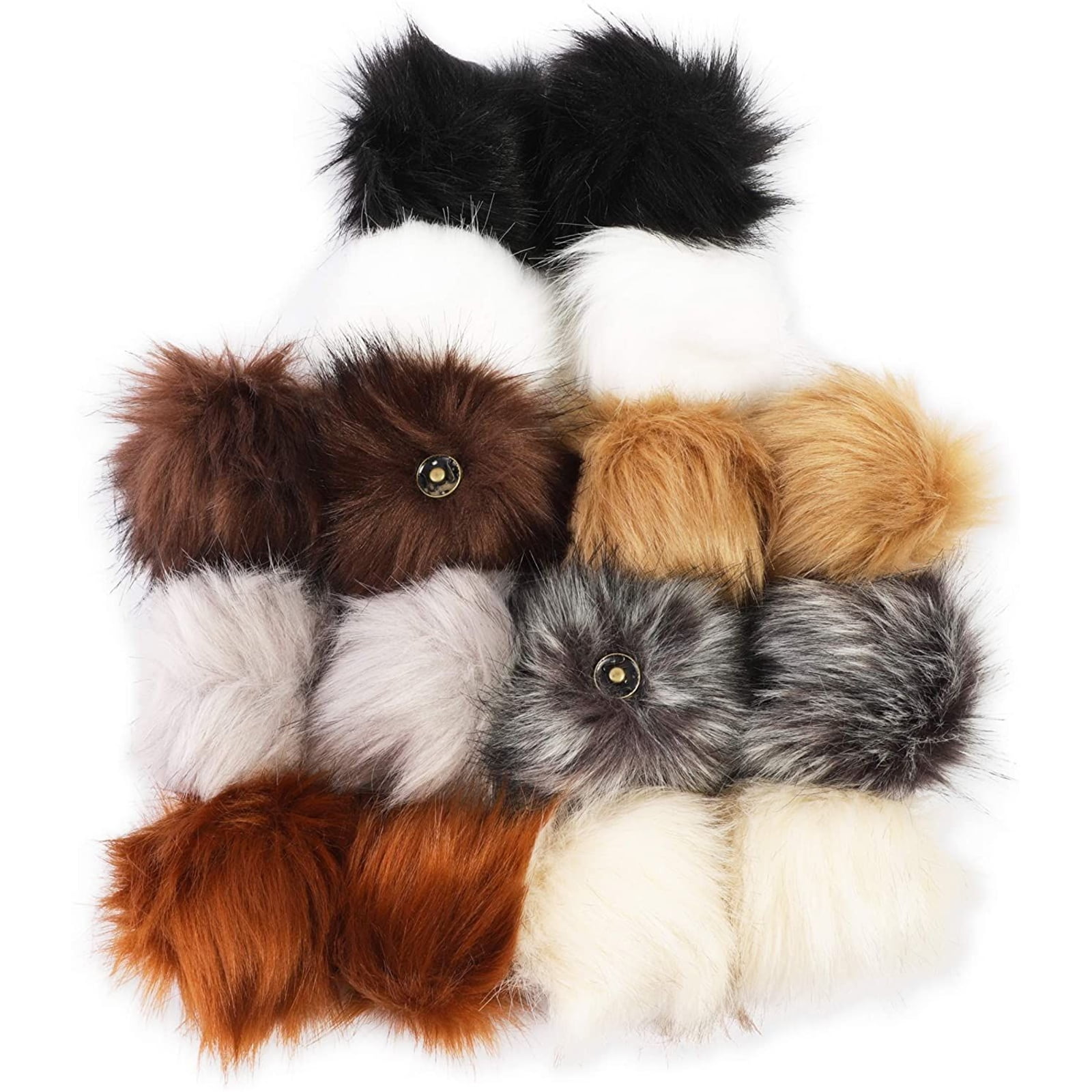 Fluffy Faux Fox Fur Pompom Ball with Press Button for Knitted Garment Hat DIY Handmade Accessories 5 Inches Pack of 12 Khaki