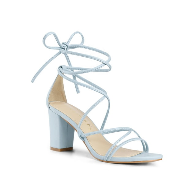 BLISSFUL STEP Women's Shoes Open Toe Lace Up Block Heel Strappy Heels Sky Blue 9
