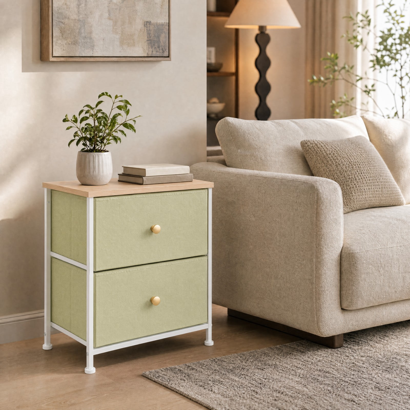 Telyra Fabric Nightstand with 2 Drawers 20" Bedside Table with Wood Top and Steel Frame Small Storage Organizer, Light Green
