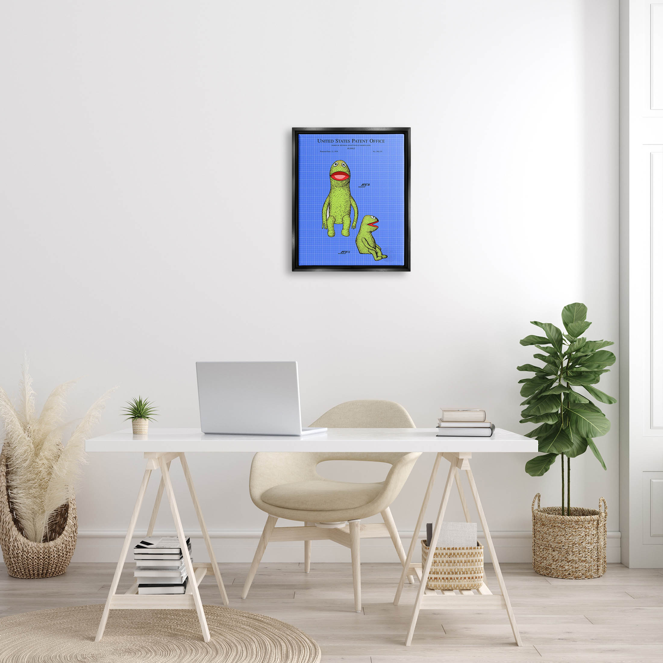 Stupell Industries Frog Puppet Character Blueprint Graphic Art Jet Black Floating Framed Canvas Print Wall Art, Design by Karl Hronek