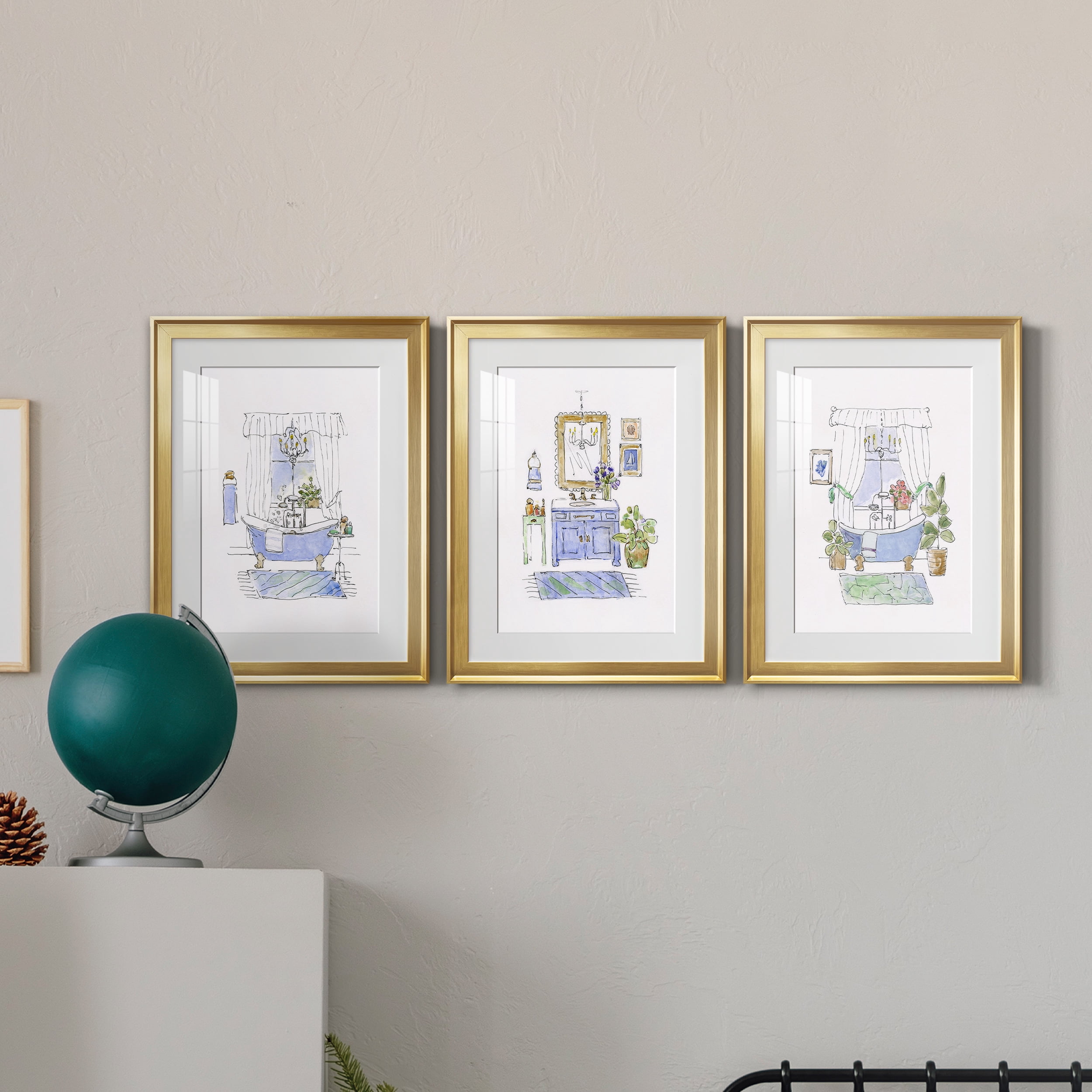 Sketchy Bath I Premium Framed Prints Set of 3 - Ready to Hang - 22 x 30 Each - Gold Frame