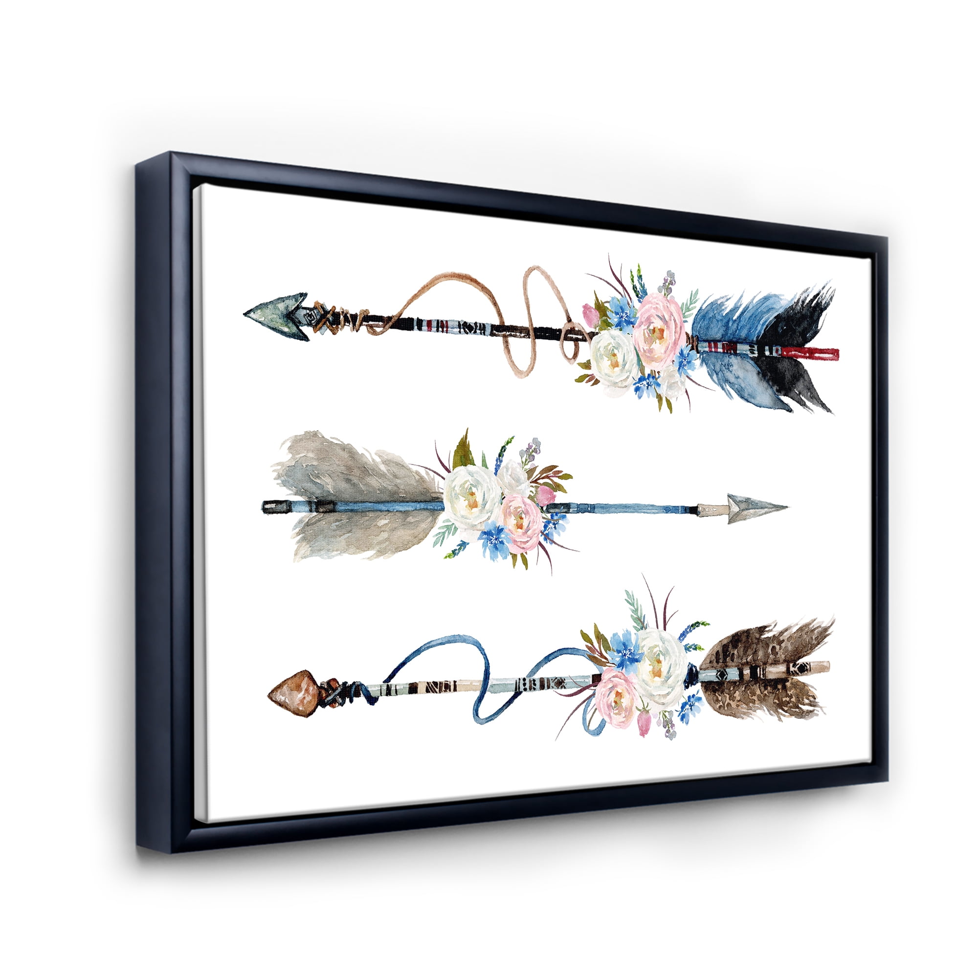 Designart 'Flowers and Ethnic Feathers On Native Arrows I' Bohemian & Eclectic Framed Canvas Wall Art Print